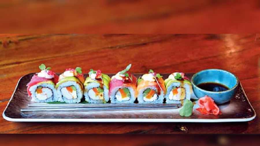 Rainbow Maki: A latest addition to the menu, this colourful dish has crab sticks, salmon, tuna, avocado and asparagus. Rs 570-plus