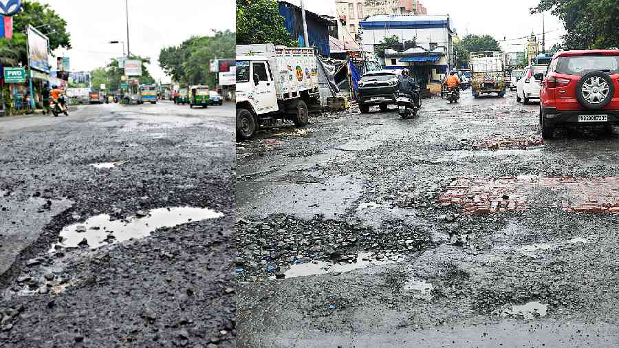 A potholed stretch on Jessore Road and (right) a battered portion of Patipukur Road