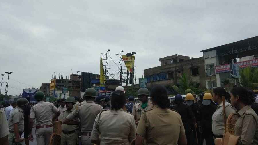 Several police forces including women forces deployed at Santragachi bus stop.