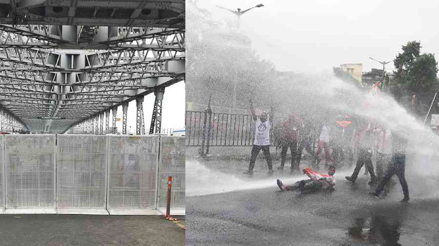 Barricades placed on Howrah bridge to stop BJP supporters, and (right) policemen (not seen in picture) fire a water cannon to disperse BJP supporters on Brabourne Road