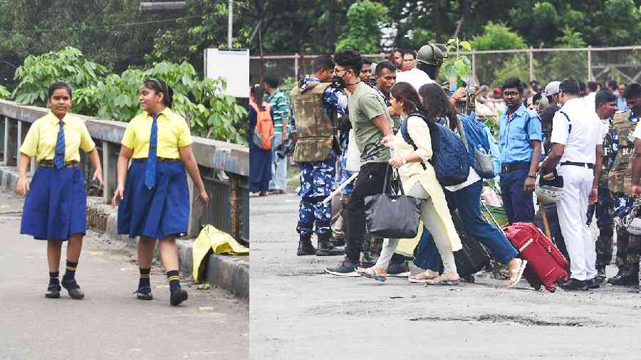 School students walk through an almost empty Brabourne Road flyover, and (right) passengers from Howrah station walk towards Brabourne Road looking for transport