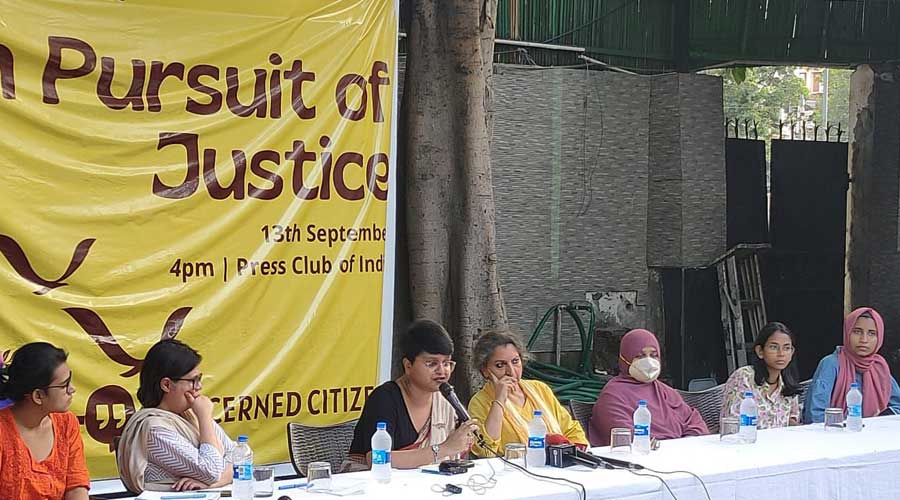 Left to right: AISA Delhi secretary Neha Bora, SC lawyer Shahrukh Alam, JNU student Apeksha Priyadarshini, author Geetanjali Shree, Umar's mother Sabiha Khanum, JNUSU president Aishe Ghosh, Heba from Jamia Millia Islamia.
