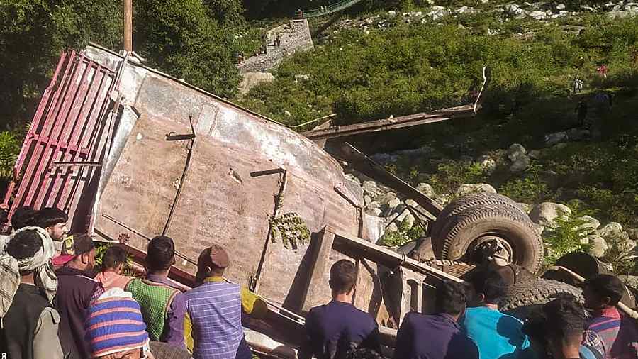 Rescue operation underway after a mini-bus fell into a gorge, near Brari Nallah in Poonch district