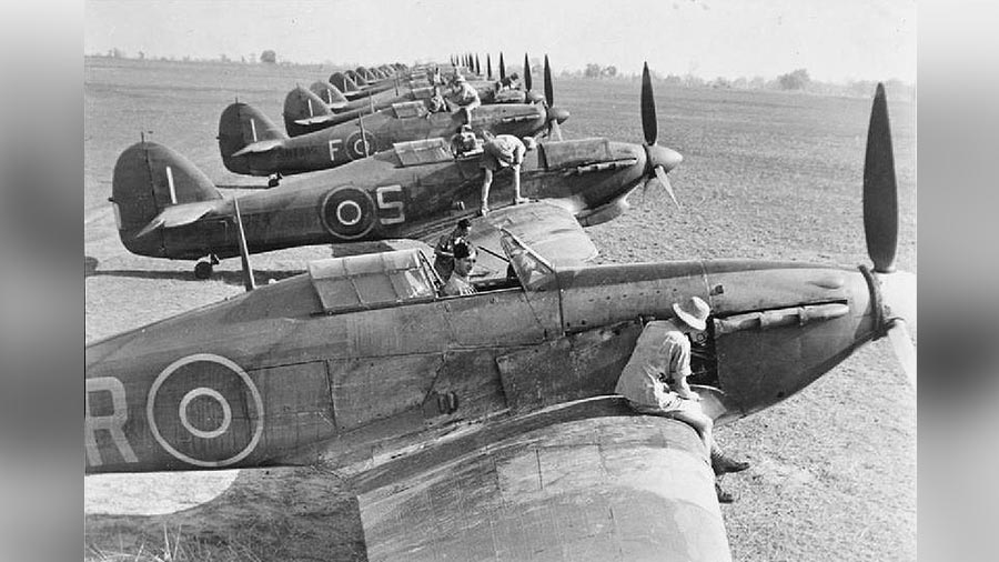The 67 squadron RAF and lined-up Hawker Hurricane Mark IIs at Chittagong, photographed somewhere between 1941 and 1945