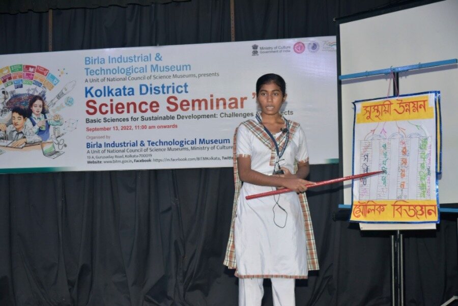 A student gives her presentation at the Kolkata District Science Seminar 2022 organised by Birla Industrial & Technological Museum. The photograph was uploaded by BITM on Facebook Wednesday.