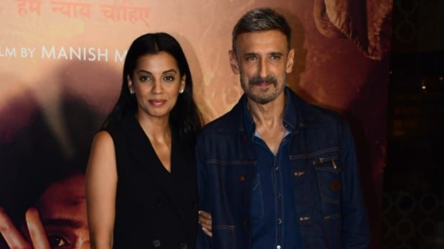 Fashion actress Mugdha Godse attended the screening with actor beau Rahul Dev.