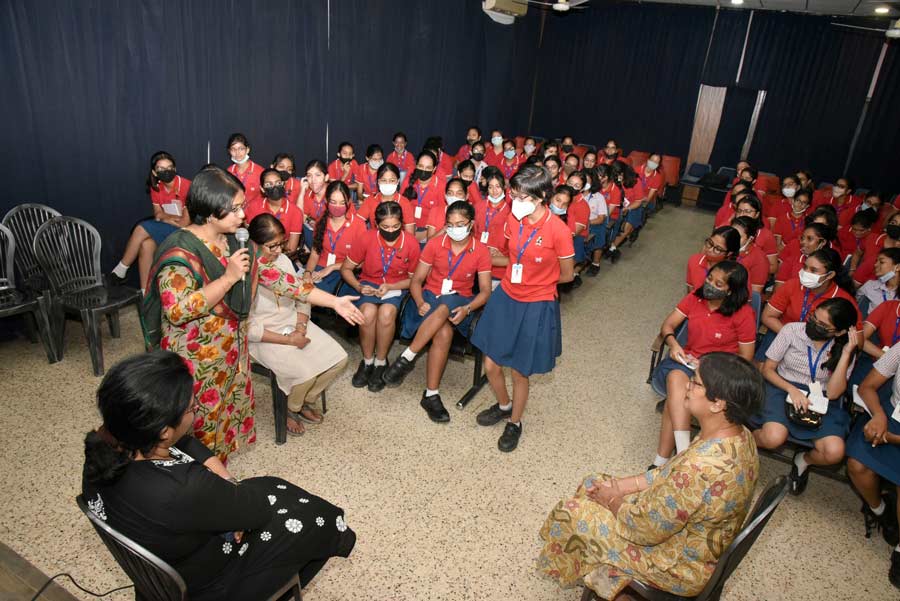 Students of Modern High School For Girls take part in a mathematics workshop at the Birla Industrial & Technological Museum on Thursday.