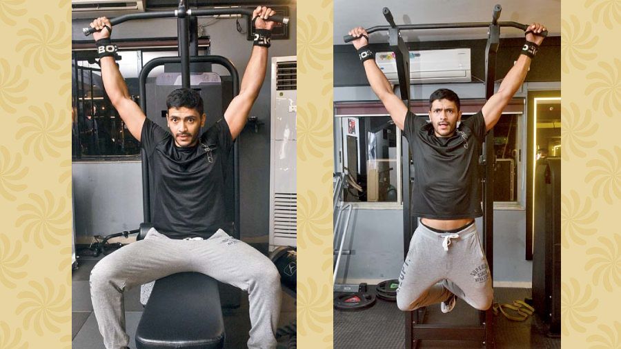 Arjun hitting a quick set of lat pulldowns; Arjun completes a set of pull-ups