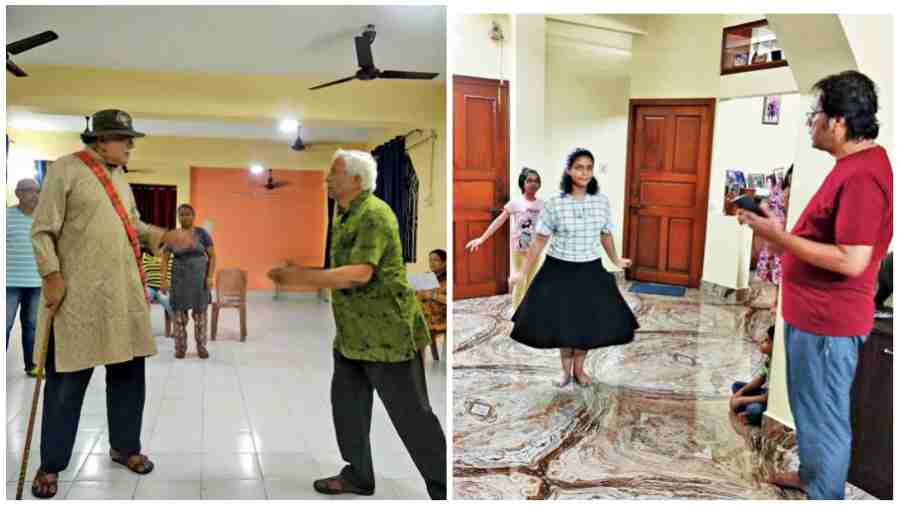 Residents of Alaktika complex rehearse the play Babuder Dalkukure. (Right) HB Block children being taught to enact Makaibarir Bhoot