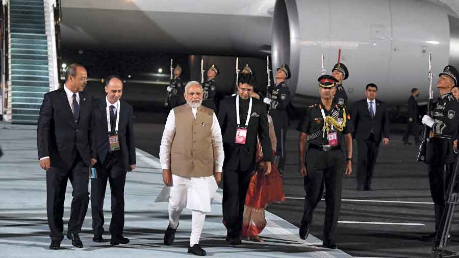 Prime Minister Narendra Modi arrives at the Samarkand airport