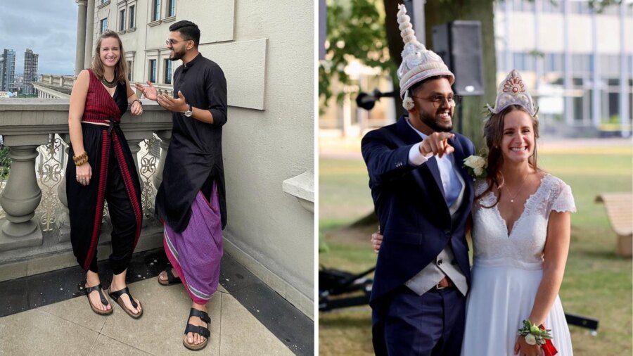 (Left) Meghdut Roy Chowdhury and Pauline Laravoire in Kolkata and (right) the couple at their wedding in France