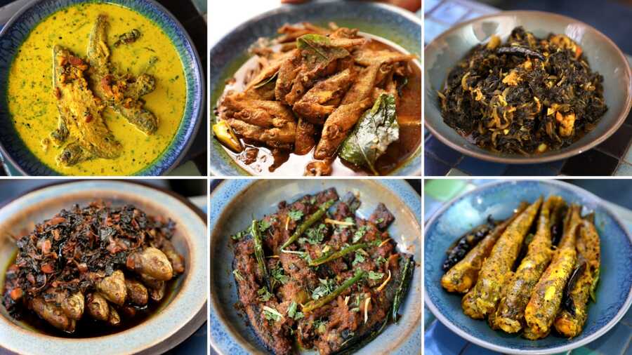  Among the dishes were preparations like (L-R, clockwise) ‘doodh pabda’, ‘mourala tok’ in a tamarind base, ‘meshtha shaak’ with prawns, ‘bele maachh tel-jhol’, ‘achari’ style ‘tyangra’ and a ‘bata maachh’ preparation with red amaranth and jackfruit seeds