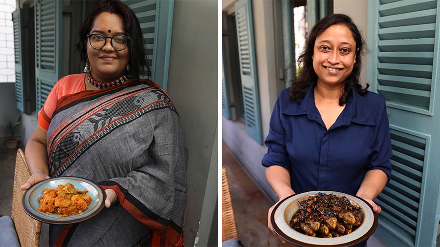 (L-R) Debarati Dasgupta and Sayani Sengupta with their ‘bok maachh’ and ‘bata maachh’ preparations