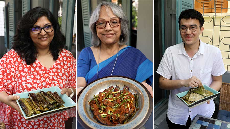 (L-R) Madhushree Basu Roy, Shanta Ghosh, Lalrinzuala Khiangte with their ‘topshe’, ‘tyangra’ and ‘parshe’ dishes