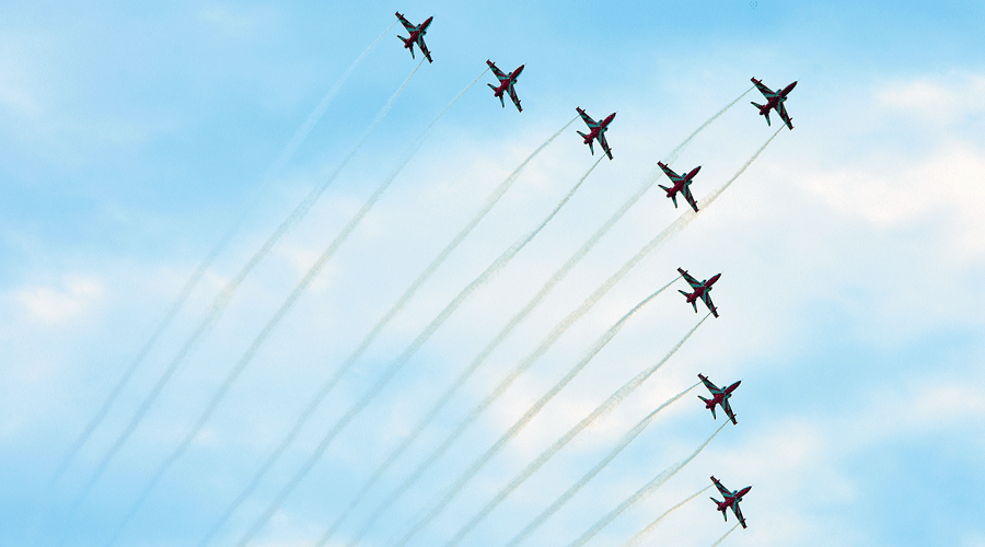 The aerobatic show performed by the Surya Kiran team in Bhubaneswar on Friday.