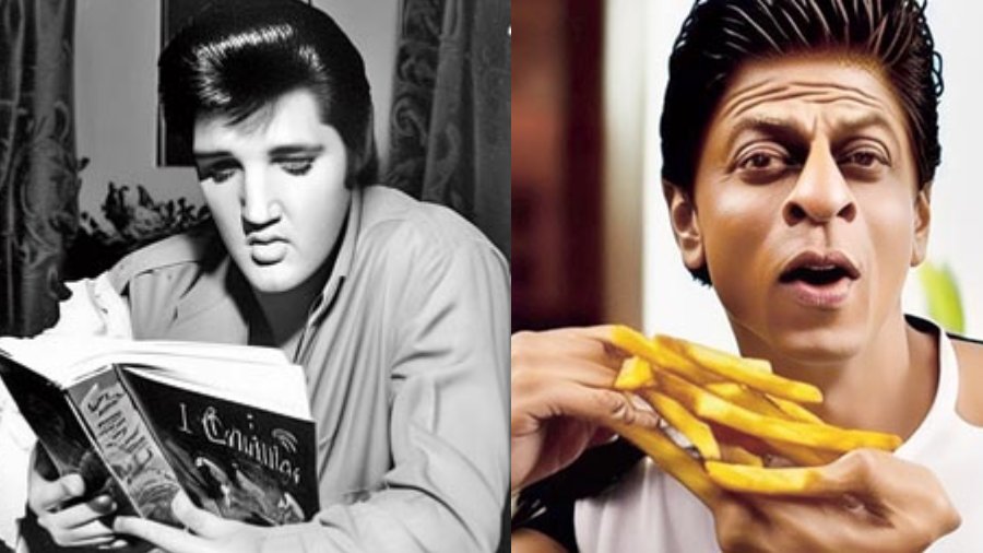 ‘Elvis reading a book’ and ‘Shah Rukh Khan eating French fries’ artworks created using Stable Diffusion.