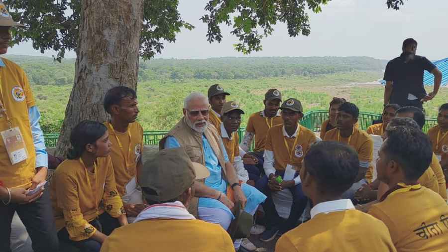 PM Narendra Modi in conversation with Friends of Cheetah at Kuno National Park in Madhya Pradesh.