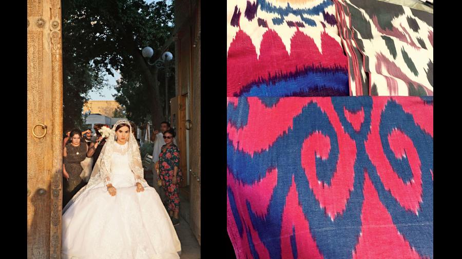 A traditional Uzbek bride in Bukhara;  Ikat fabric from Uzbekistan