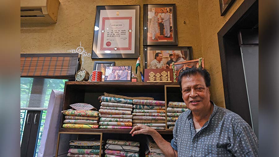 Biren Kumar Basak at his shop that stocks exquisite Jamdani weaves