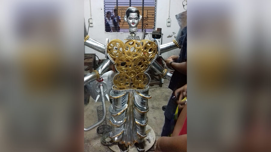 The Vishwakarma idol made out of industrial scrap