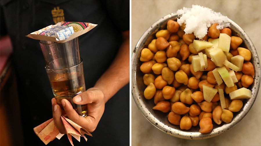 The Shaw’s signature 'Kancha chhola with aada and salt' (right), and cheese (left) are popular accompaniments with drinks 