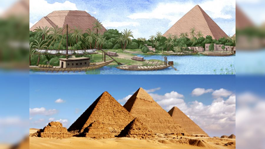 An artist’s reconstruction of the now defunct Khufu branch of the River Nile in Egypt; (below) the pyramids today