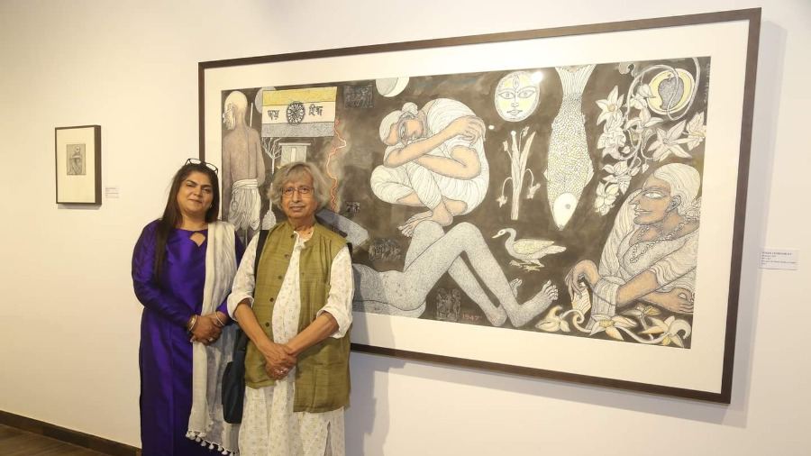 Artist Jogen Chowdhury with curator Tina Chandroji.