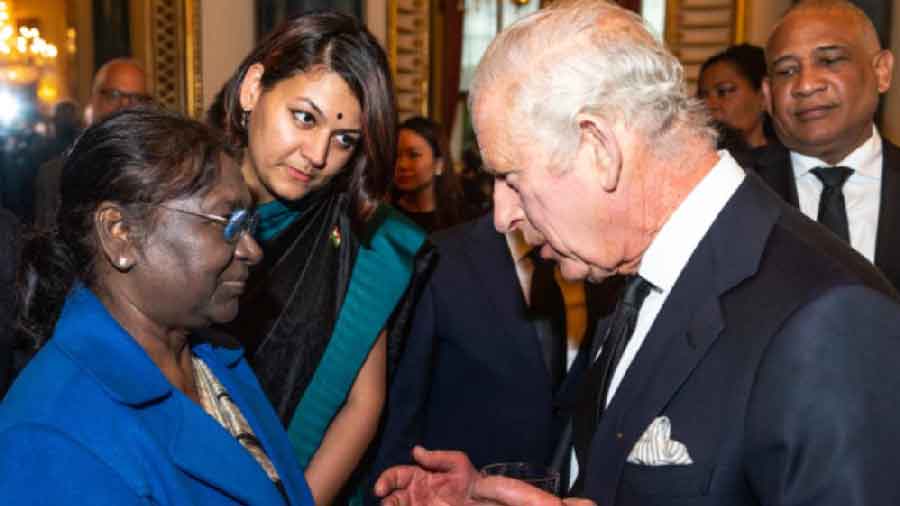 President Droupadi Murmu meets King Charles III at an official state event, a day before Queen Elizabeth II’s funeral, at Buckingham Palace in London