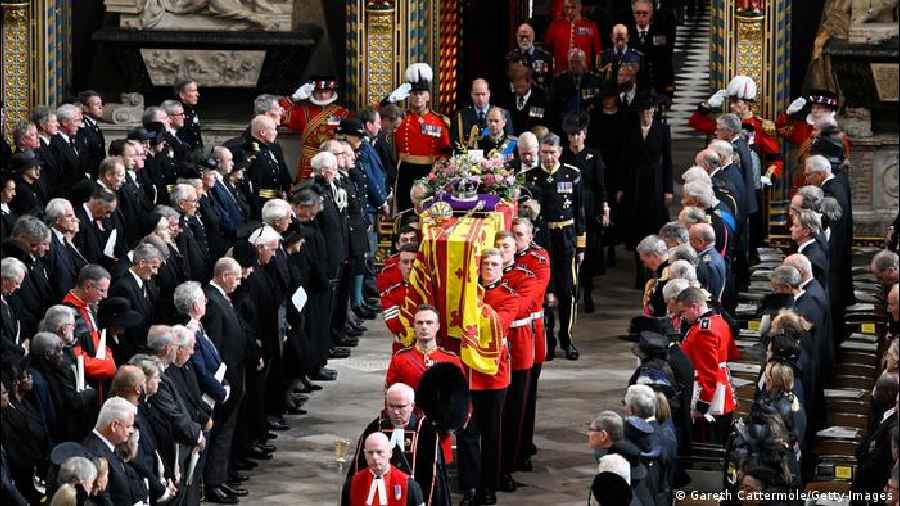 The Queen's coffin departs Westminster Abbey following the state funeral service