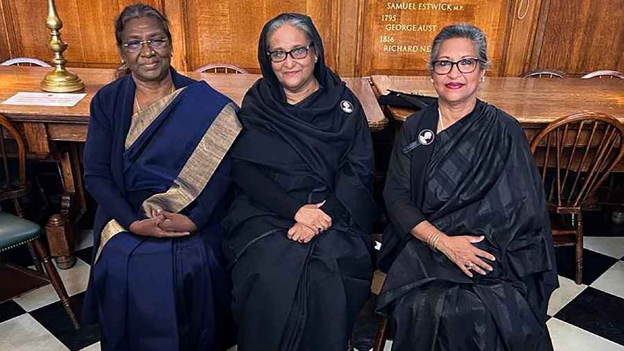 President Droupadi Murmu with Prime Minister of Bangladesh Sheikh Hasina and her sister Sheikh Rehana before commencement of the State Funeral of Queen Elizabeth II, in London