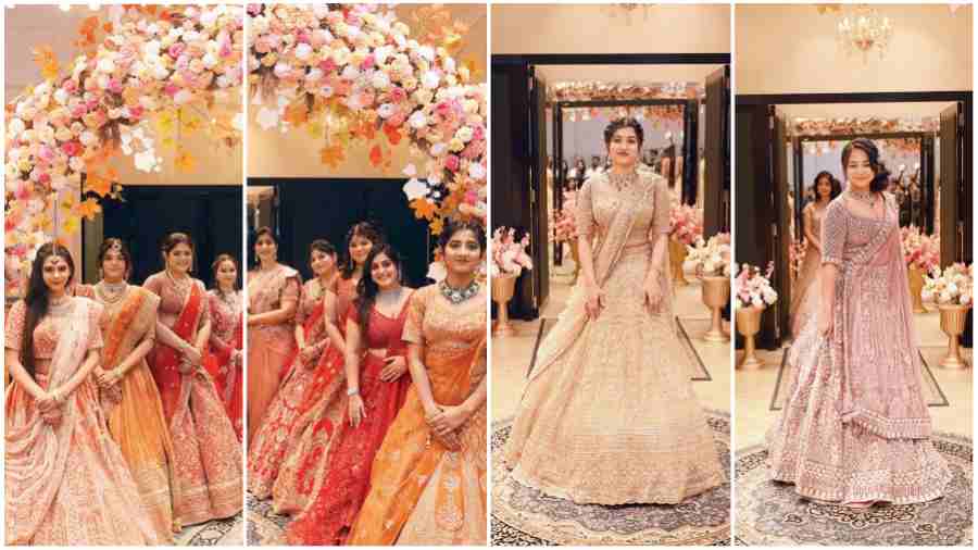 Celebrity draper Dolly Jain and Sheetal Bamalwa of Nemichand Bamalwa and Sons Jewellers surrounded by a group of brides-to-be after a showcase of Kalighata’s latest bridal edit. The brides-to-be looked relaxed, radiant and resplendent as they walked in their actual wedding attire that are from the Zardoz range of Kalighata’s new winter wedding collection.