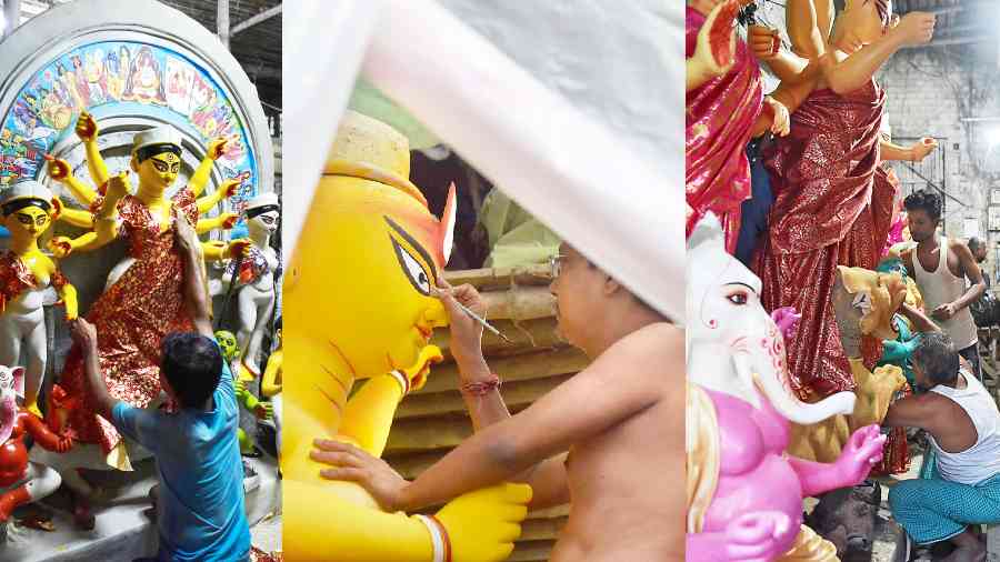 Durga Puja idols being prepared in Kumartuli on Monday. 