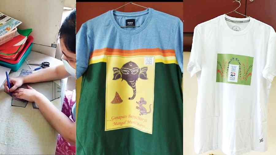 A student works at Autism Society West Bengal and (right) T-shirts designed by the students