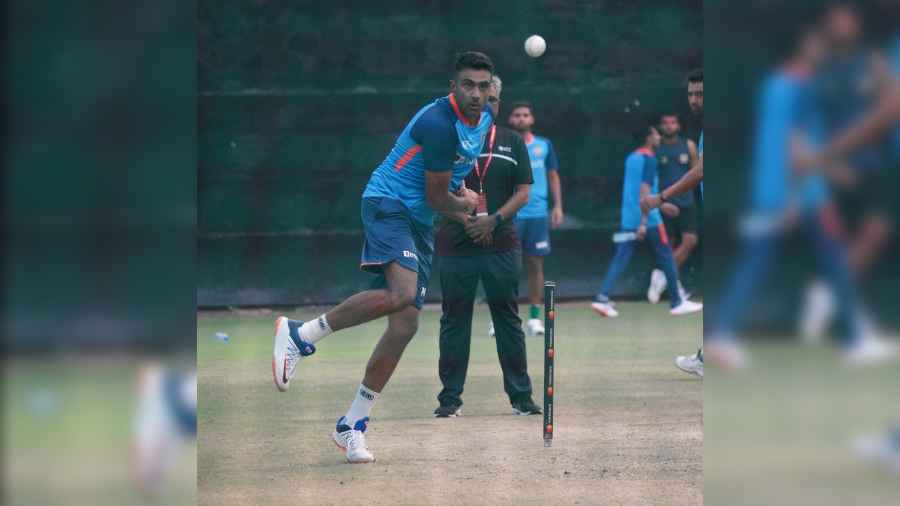 Ravichandran Ashwin bowls at the nets