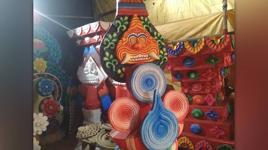 Varied colours of Torma in the making to decorate the pandal