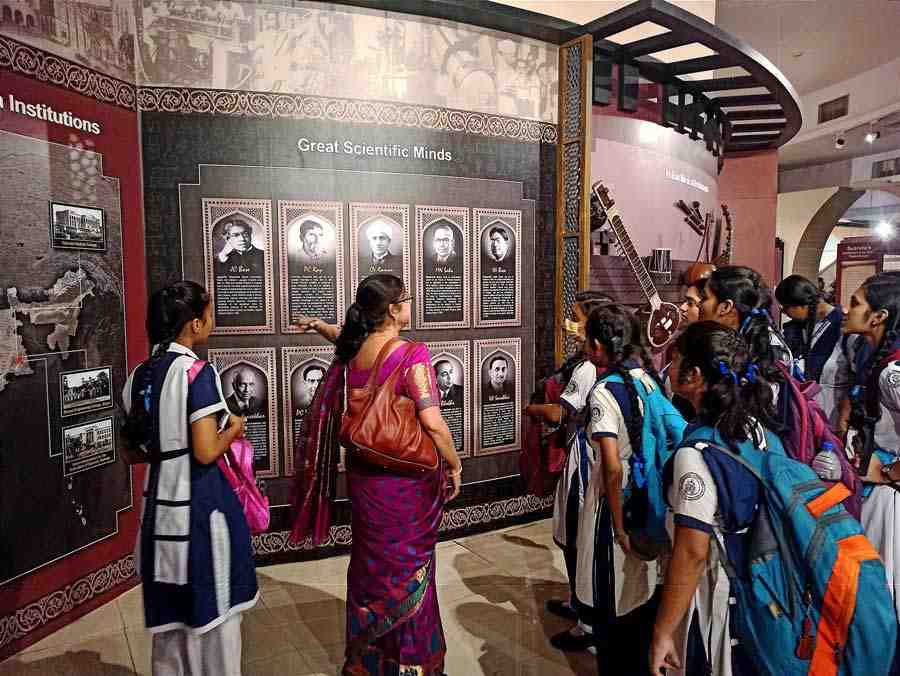 Schoolgirls listen with rapt attention about national luminaries during an excursion at Science City. The photograph was uploaded on Facebook on Monday.