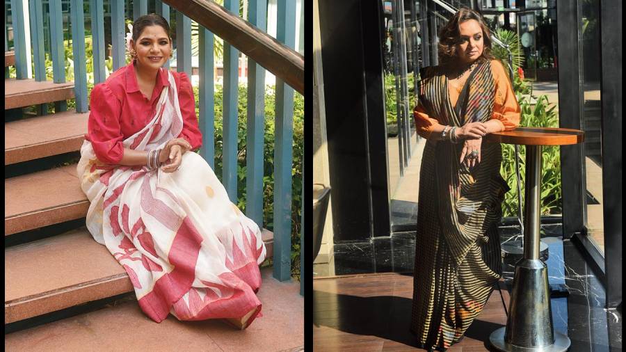 Sudipta draped the traditional red-and-white look. The silk-linen jamdani was complete with dark kohl eyes and flowers. Bidipta put on a khadi-linen jamdani sari too with modern checks. Both ditched the regular blouse and opted for easy-breezy cool tops. “These colours are my favourite!” said Suchismita. 