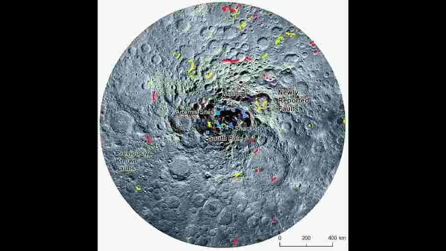  Lunar Reconnaissance Orbiter image mosaic of the lunar south pole region showing newly detected faults (yellow lines), previously known faults (red lines), and proposed Artemis landing sites (blue rectangles)
