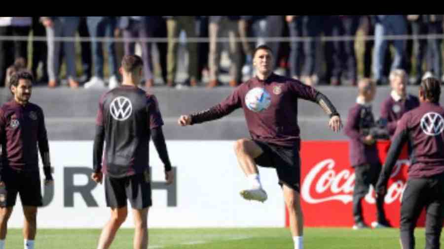 Germany’s Niklas Suele (centre) and teammates during a training session in Frankfurt on Wednesday