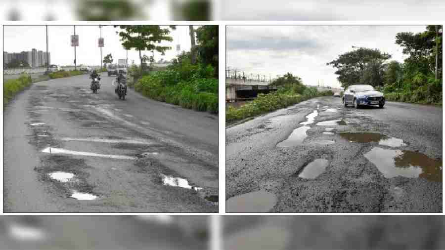 Potholes on the expressway near the dumping ground outside Belgharia; Another damaged stretch of the expressway near Prafullanagar