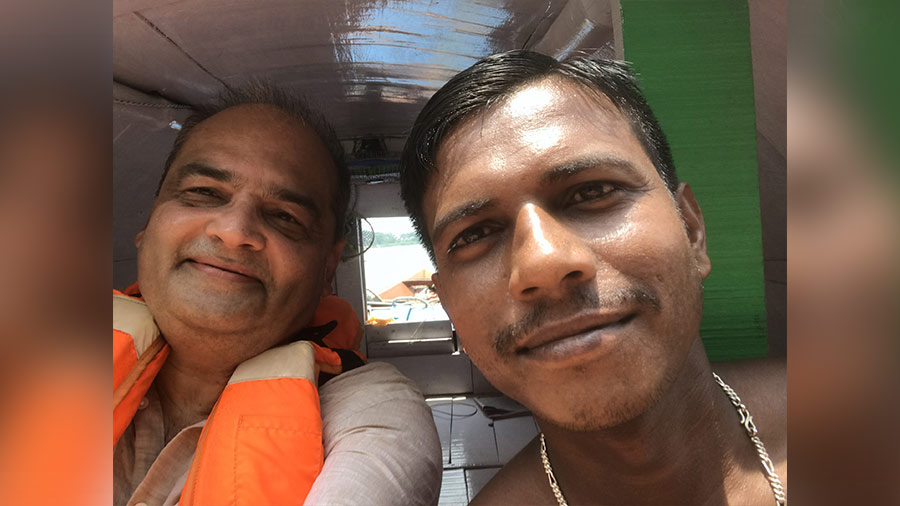 A selfie on the Hooghly with the largely silent Biplab 