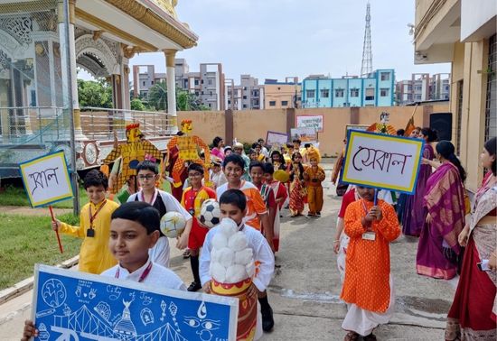Students performing Prabhat Pheri at the school campus, ahead of the Annual Exhibition