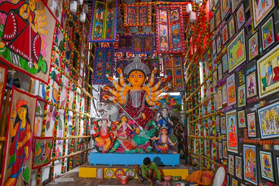 Inside a community puja pandal on Friday. 