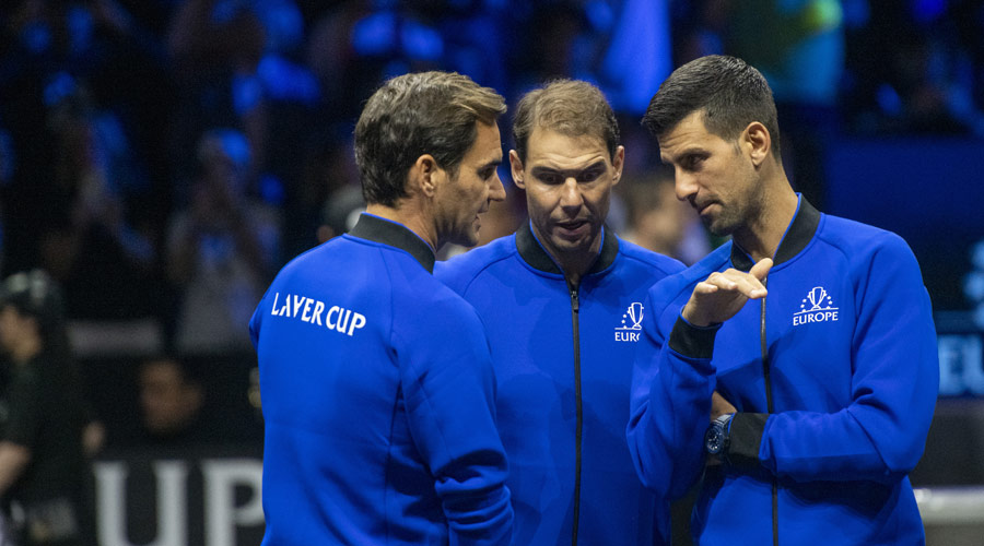 From left: Legends Federer, Nadal and Novak Djokovic of Team Europe confer