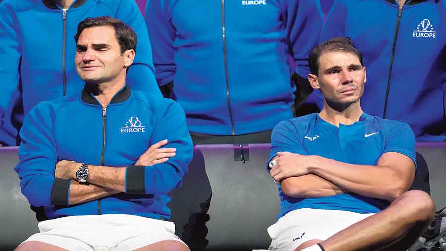 Roger Federer and Rafael Nadal after their Laver Cup doubles match at the O2 arena in London on Friday.
