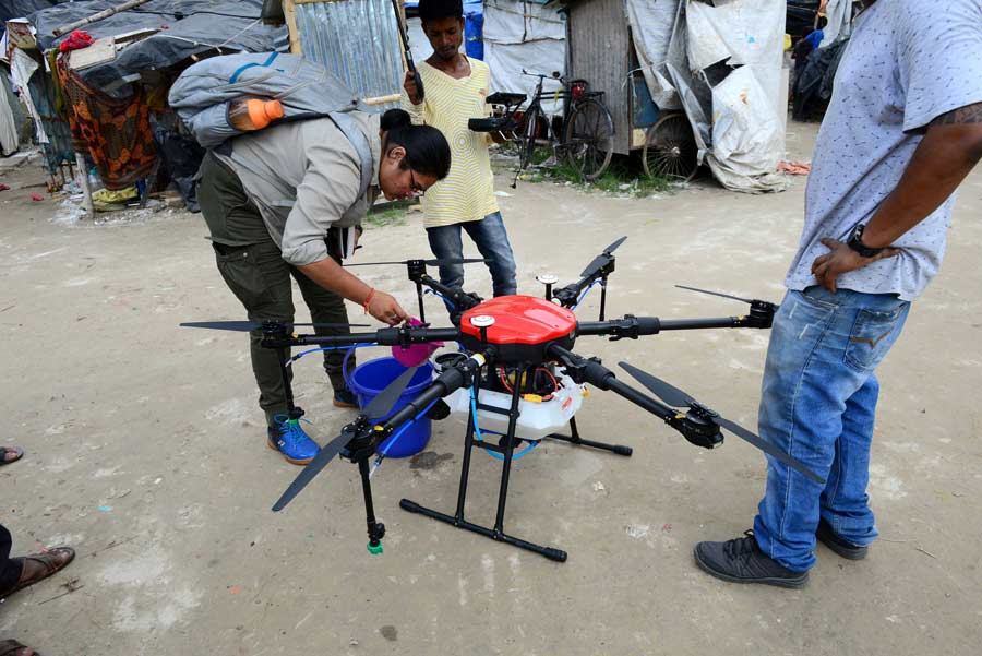 Kolkata Municipal Corporation workers flew a drone above some areas of the city and sprayed disinfectants to combat dengue on Monday, September 19. 