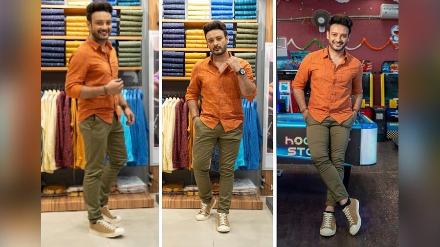 As for Dashami, add a pop of colour with an orange shirt over a light olive green pair of trousers – a colour combination made in heaven! 