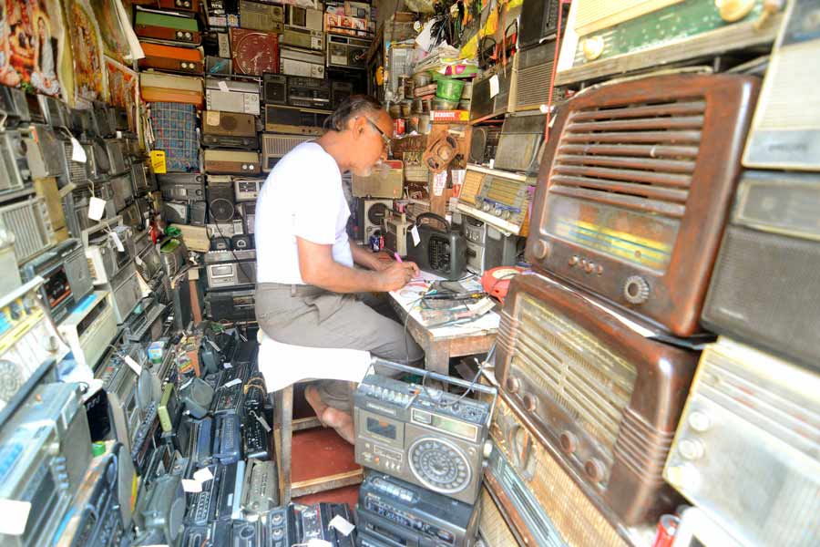 Amit Ranjan Karmakar at his antique radio shop in Kumartuli ahead of Mahalaya on Sunday.
