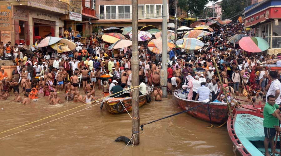 The Ganga ghat in Varanasi has a melee of crowd on the auspicious occasion