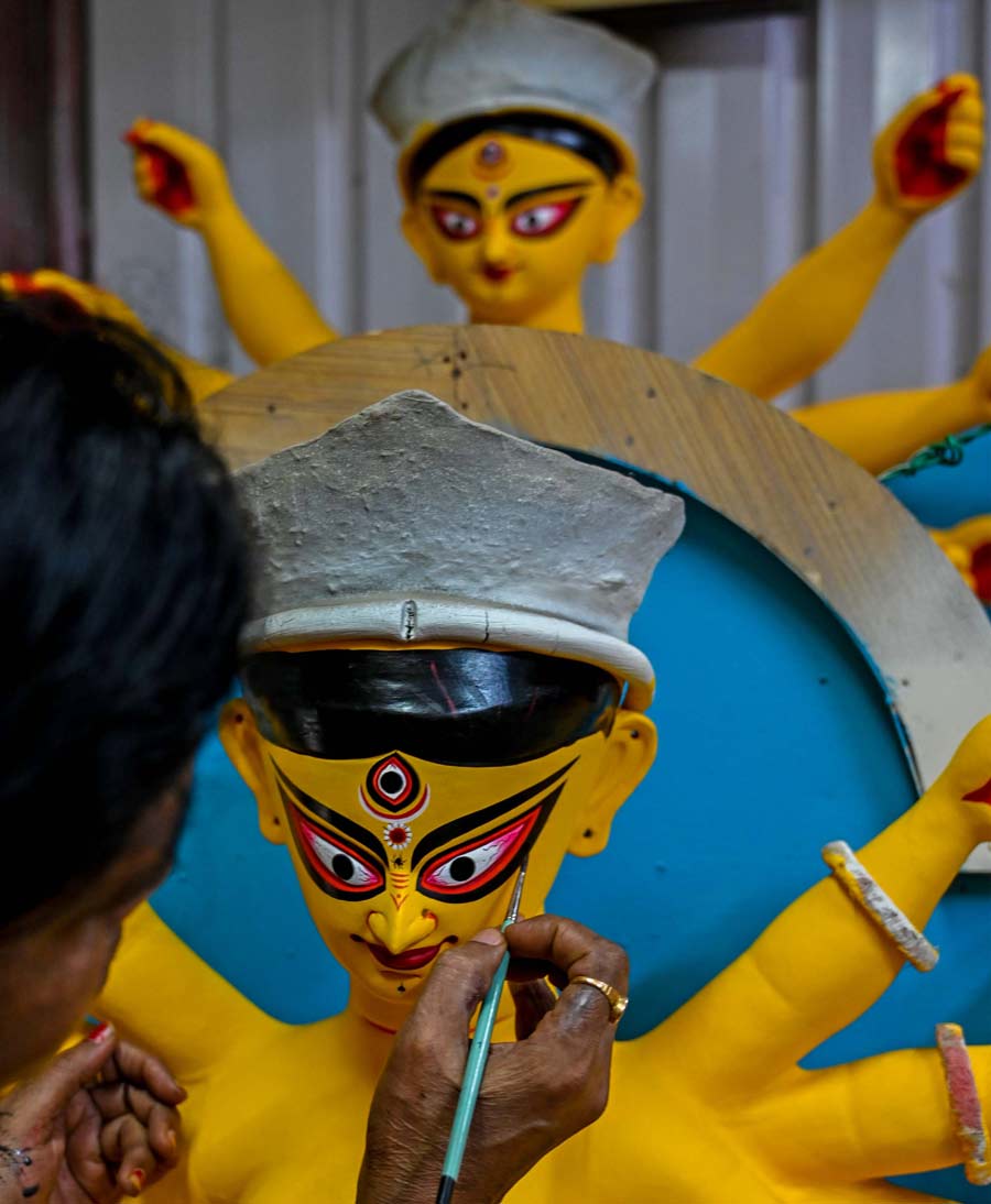 Chokkhudaan porbo at a Kumartuli studio on Sunday. Mahalaya marks the beginning of Debi pakhha. 